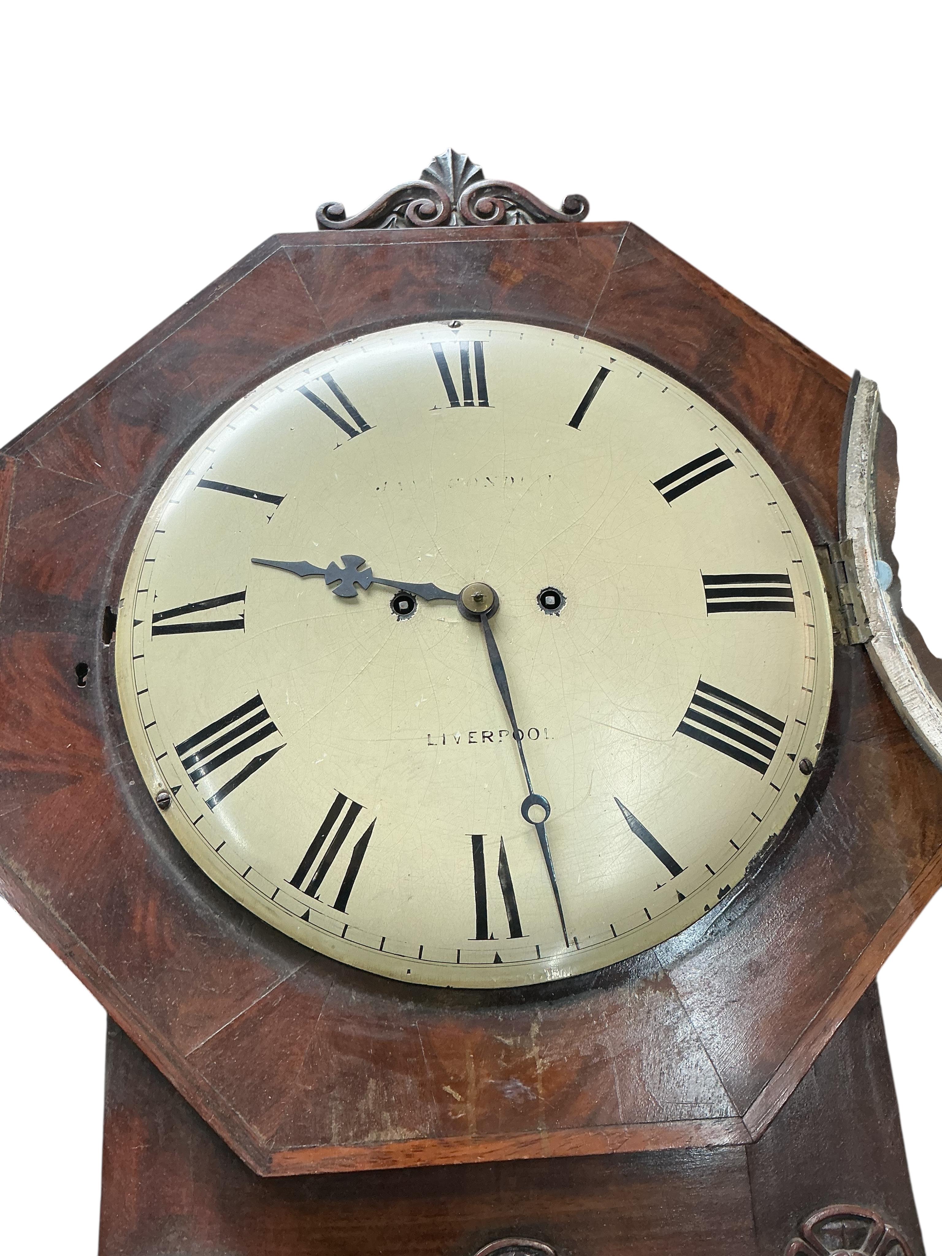 An early Victorian mahogany drop dial twin fusee wall timepiece, height 80cm